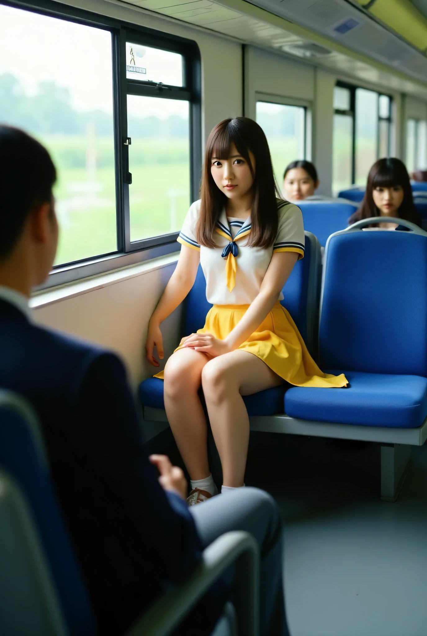 A woman in a high school uniform sits with her legs spread and lifts her skirt , wearing Lofer, It's live-action, Sitting in train longseat, lots of yellow pee, (peeing blush), embarrassed, peeing ,pee, shot From below,
