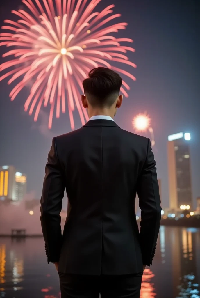 Fireworks happy new year 2025 night sky, realistic, perfect face, Lasisan, a man with black suit, Ho Chi Minh city, background words "BEP4.0 HAPPY NEW YEAR 2025"