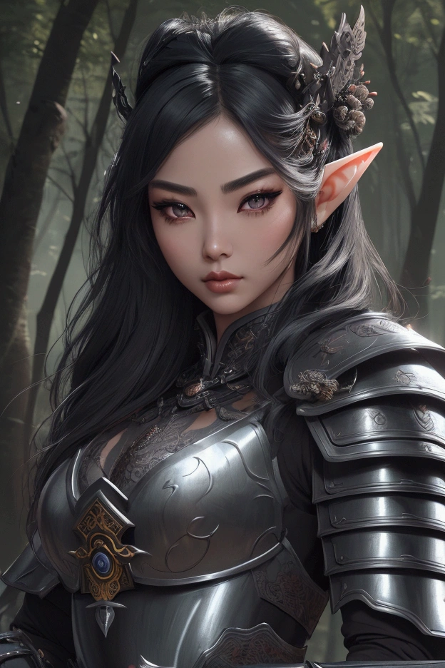 a beautiful busty Asian elf, extremely detailed face, beautiful detailed eyes, beautiful detailed lips, long eyelashes, elegant posture, samurai armor, high fantasy, intricate armor details, glowing katana sword, ninja, dark forest background, dramatic lighting, cinematic, hyper detailed, 8k, photorealistic, masterpiece