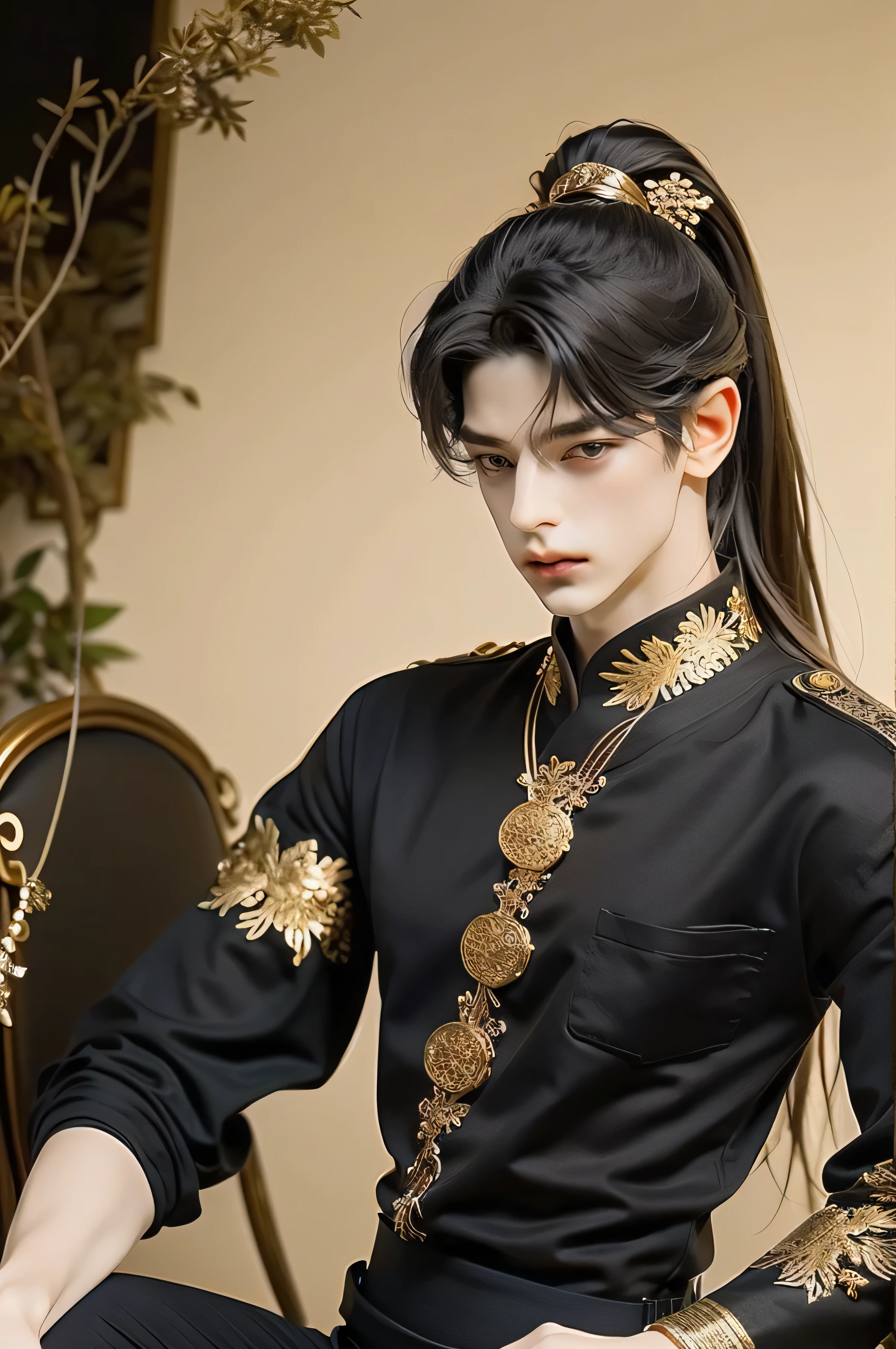 A pretty handsome, delicate, Skinny Male, black hair, high ponytail, Slender and thin body, Delicate and soft facial features, soft_light, pointy ears, wearing black Chinese vintage, Emperor's guard , ((fancy luxurious black top and black pants)), Royal Wardens, black top with gold embroidery, he's wearing an arm guard in black and gold