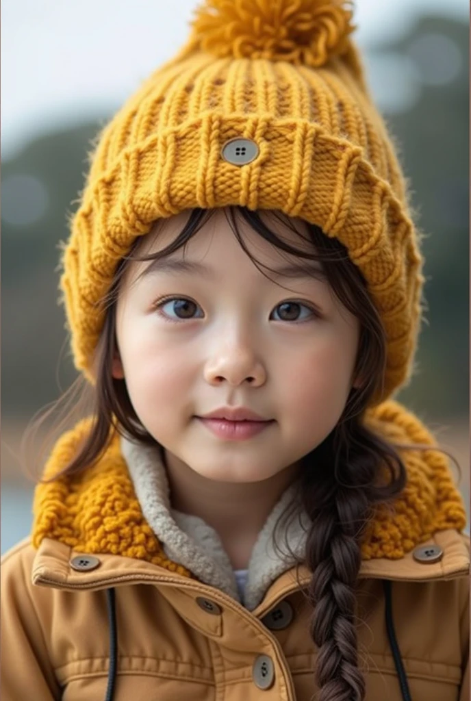Child girl wearing a yellow hat and scarf and smiling, with yellow cloths, yellow clothes, sleepy, cute young girl, a huge beret, warm and gentle smile, warm smile, yellow cap, happy girl, cute girl, more beautiful, young, hat covering eyes, girl, bright sunny weather, young teenager, knitted hat, yellow