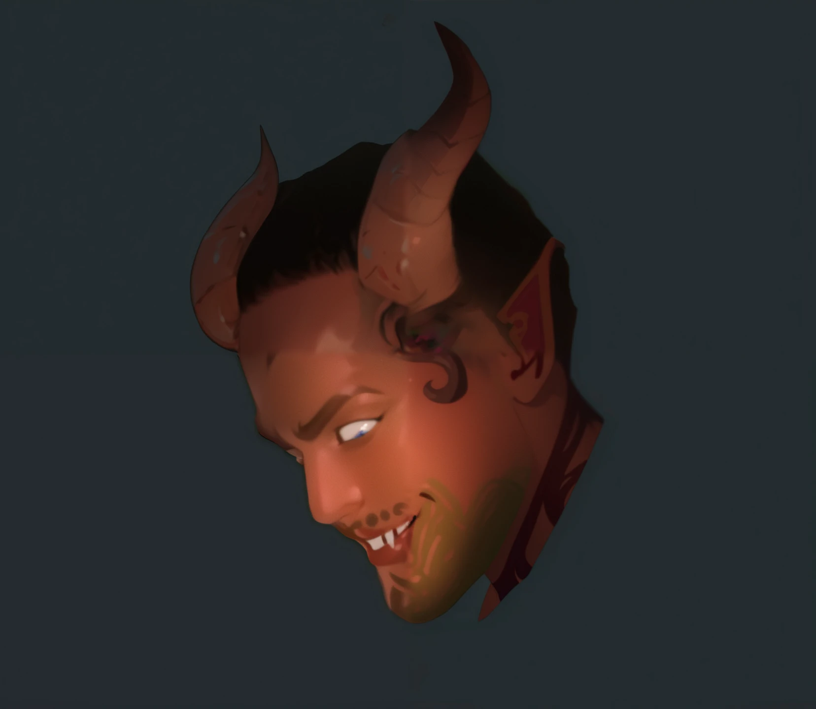 A tiefling man with horns, slight facial hair and moustche, smiling, Charlie hunnam, Dnd artstyle, digital illustration. 8k resolution. Side head shot,  Dnd artstyle, digital art, 8k resolution, stunning. Dnd artstyle, 2 people, digital illustration, brushstrokes, very hot and handome, Dnd arstyle
