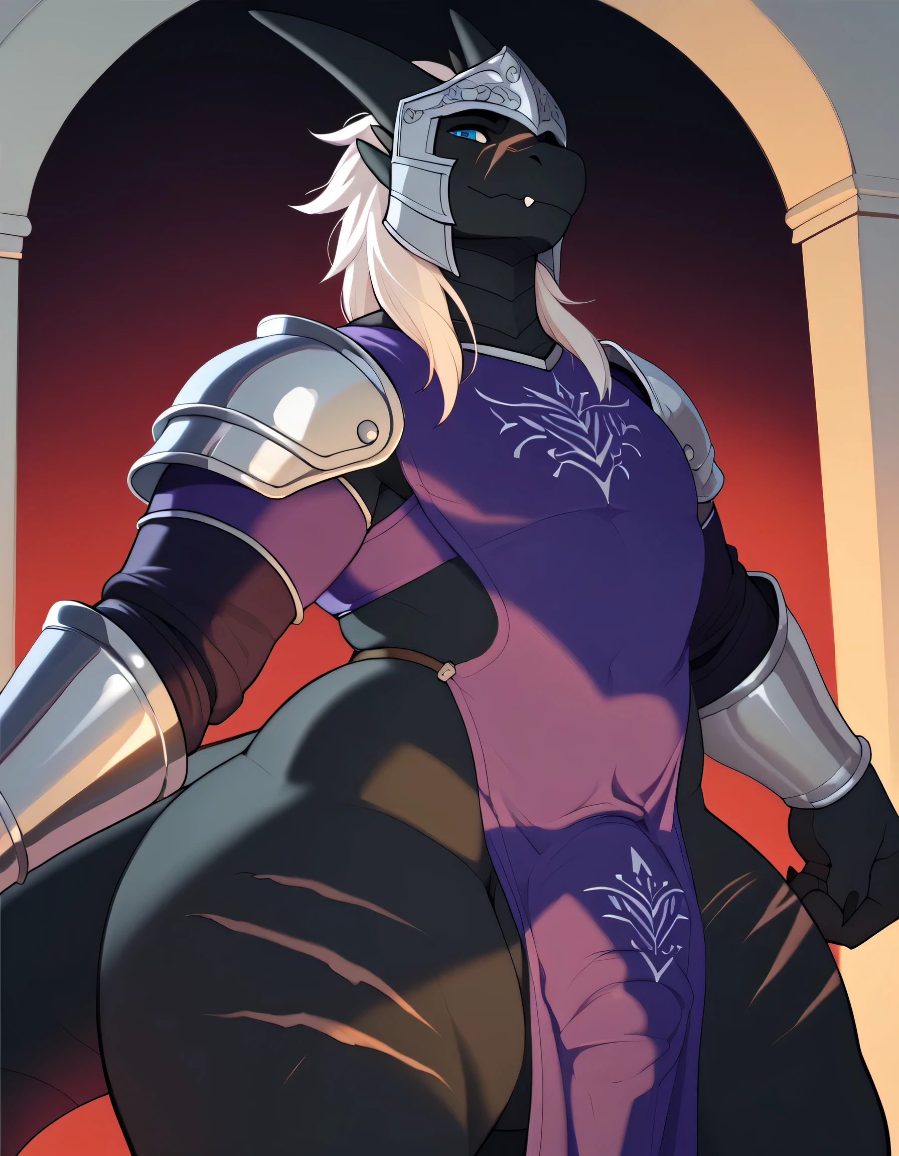Solo, male Anthro dragon femboy, black scalies, black body, black skin, scalies, purple chest, purple belly, long white hair, blue eyes, femboy body, feminine body, hourglass figure, wide hips, bubble ass, knight, knight armor, knight purple tabard, twink, dragon knight helmet, armor bra, white pubes, body covered in scars, scars, sexy pose, sword