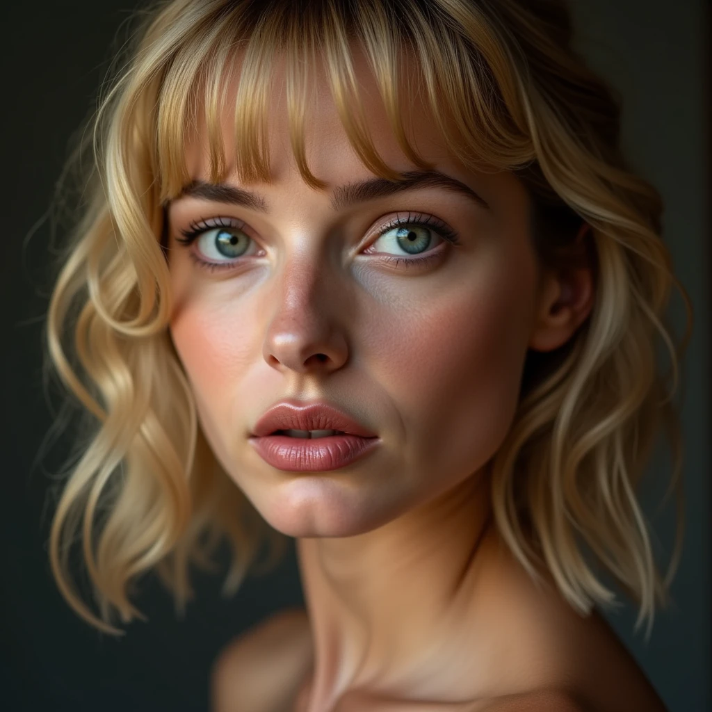 photographic, Squeeze your mouth for a kiss,   Front view,  New face make for feel model, neck from face upper only, American White beautiful woman, Rebecca , (blond middle hair, fringe nose tall, small lip),  (textured skin , HI detailed skin, super realism ,  masterpiece, Hi detail, skin)