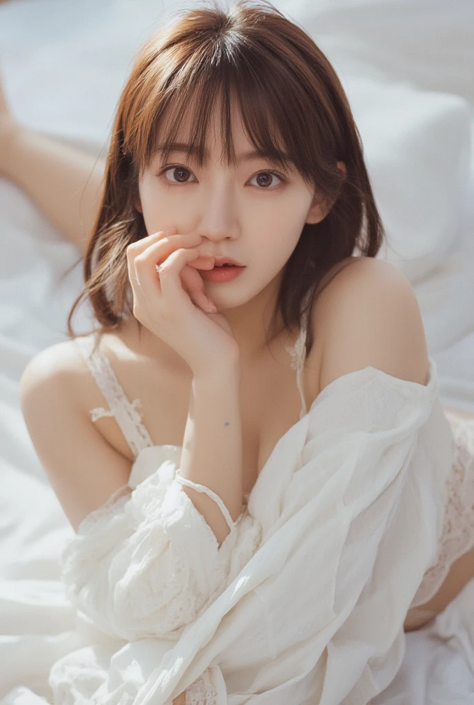 best image quality、RAW photo、超A high resolution、close up of face、8 year old pretty girl、Shooting for one person only、small breasts、beautiful clavicle、Tank top、gentle eyes、Beautiful eyes in every detail、very long term、beautiful eyelashes、beautiful double eyelids、thick and dark eyebrows、sleeping on my back in a big bed、random colored hair、Curly Short Bob、dark, thick, thick eyebrows、plump cheeks、smile、lightweight、Tourism Eyebrows、droopy eyes、amazing curly hair、small lips、no makeup、Quiet Girl、black eye、sleep