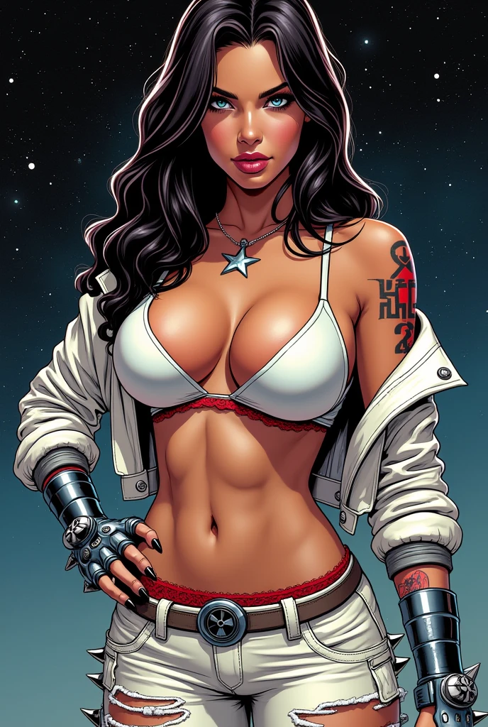 Adult Latina model Daisy Marie vestindo um traje espacial justo branco de seda com detalhes em renda branca, futurista cybberpunk, (((corpo inteiro))) no painel de quadrinhos, corpo todo, bold lineart illustration comics, olhos azuis sedutores, parted lips, Corpo perfeito, curved, Fitness, nsfw, ao estilo de Adam Hughes, (((obra prima))), (((adulto))) Explore retro-futuristic aesthetics, highlighting your confidence and skill. big city night, Blade Runner