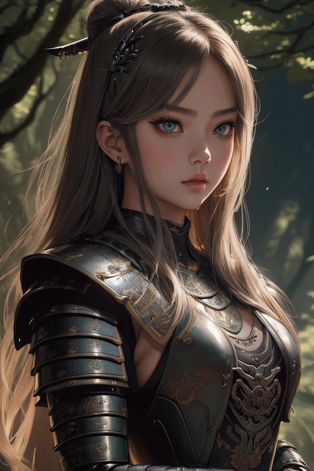 a beautiful busty Lalisa Manoban, extremely detailed face, beautiful detailed eyes, beautiful detailed lips, long eyelashes, elegant posture, samurai armor, high fantasy, intricate armor details, glowing katana sword, ninja, dark forest background, dramatic lighting, cinematic, hyper detailed, 8k, photorealistic, masterpiece