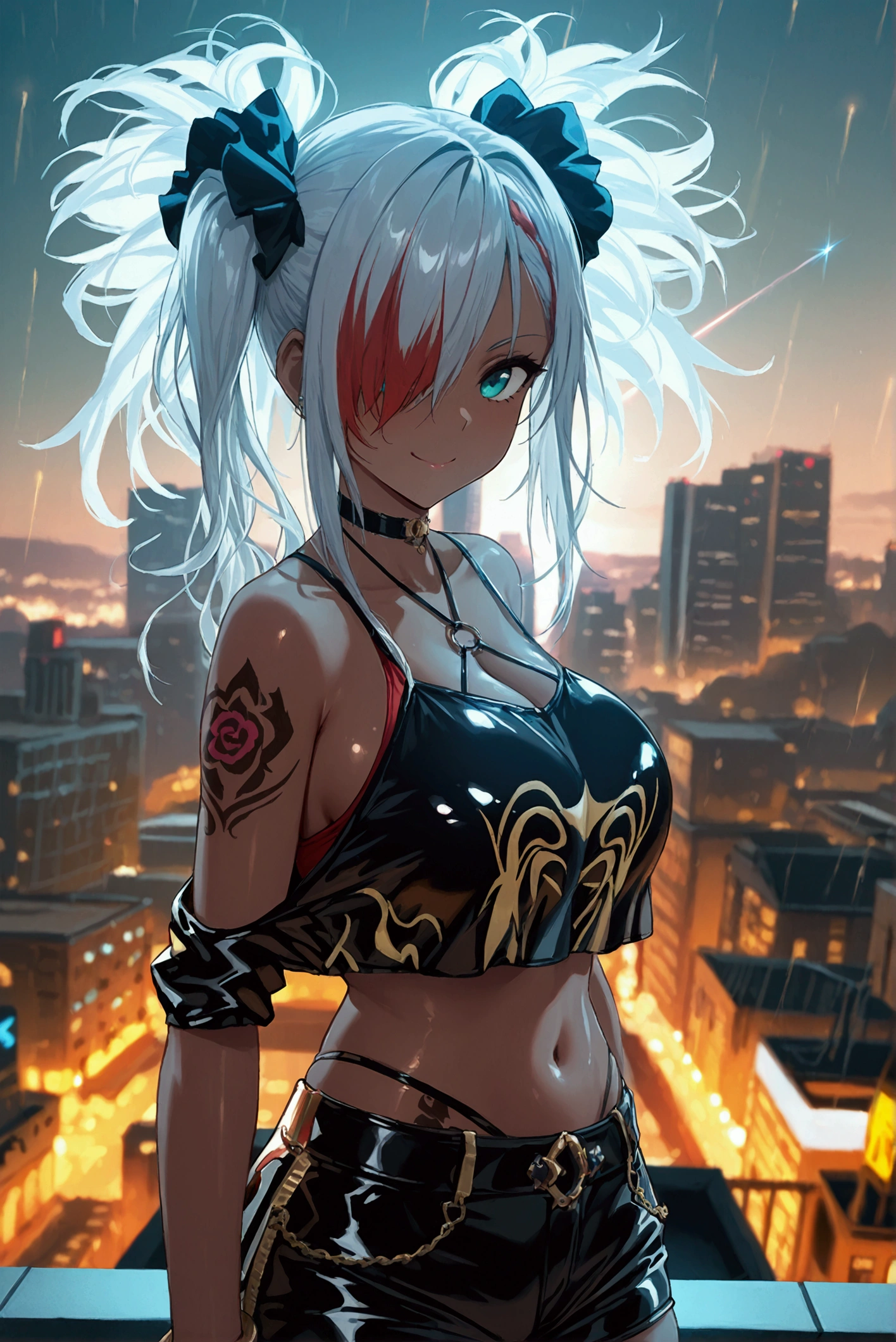 masterpiece, best quality, hyper detailed, exquisite, Full-HD, 16K, absurdres, female, gunblade user, architectural photograph, Rooftop, skyscraper, grinning, ((hair over one eye)), side ponytail, multicolored hair, silver hair, red hair, aqua eyes, dark skin, shiny skin, tall, (glamorous:1.2), (huge breasts:1.2), (stomach tattoo:1.2), red tube top, off shoulder, shorts, latex shorts, gyaru, choker, with a tattoo, (boyish:1.2), teenager, outside, (gunblade:1.2), a single large shooting star falling, at midnight, cyberpunk, anime, soft-edged, 