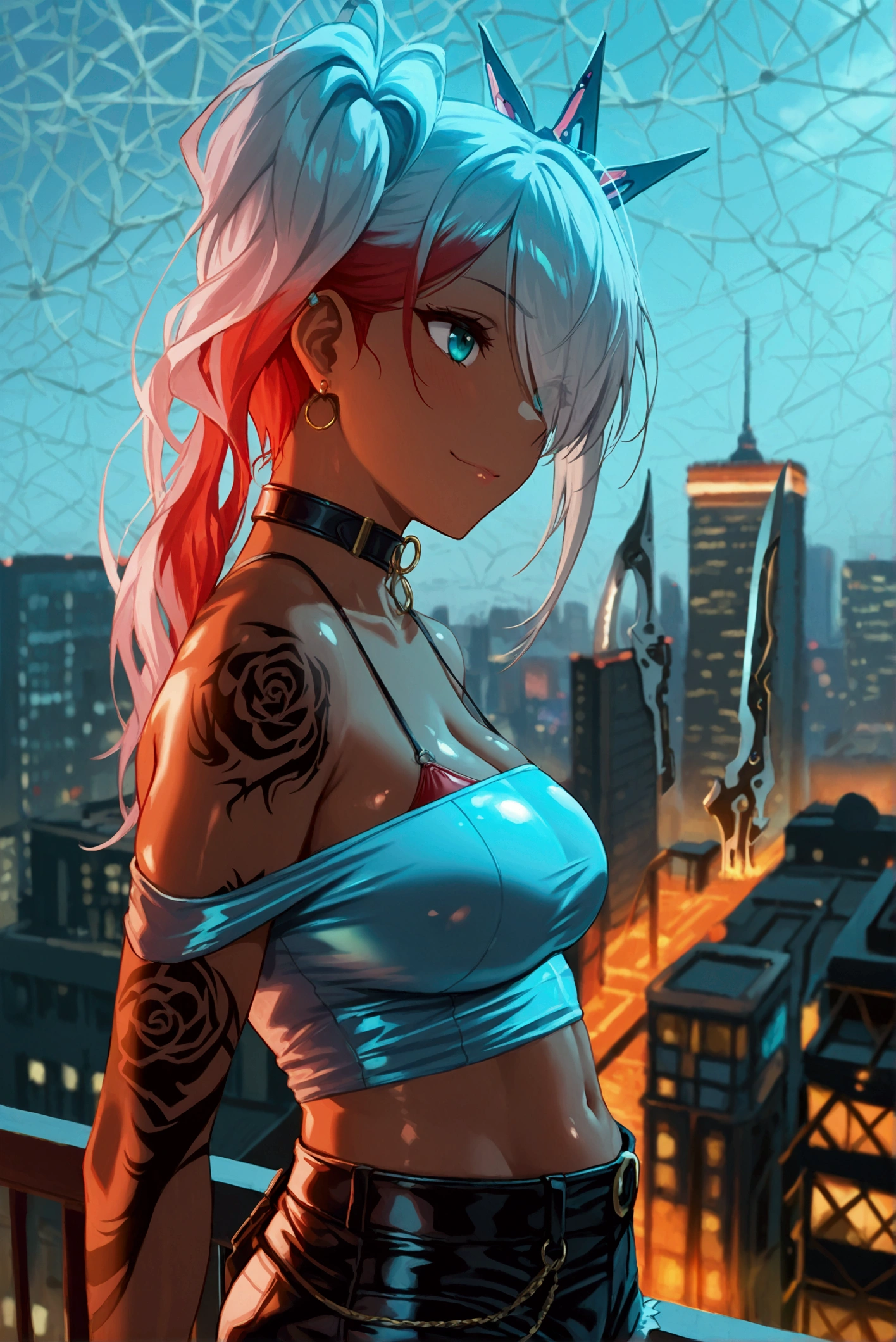 masterpiece, best quality, hyper detailed, exquisite, Full-HD, 16K, absurdres, female, gunblade user, architectural photograph, Rooftop, skyscraper, grinning, ((hair over one eye)), side ponytail, multicolored hair, silver hair, red hair, aqua eyes, dark skin, shiny skin, tall, (glamorous:1.2), (huge breasts:1.2), (stomach tattoo:1.2), red tube top, off shoulder, shorts, latex shorts, gyaru, choker, with a tattoo, (boyish:1.2), teenager, outside, (gunblade:1.2), a single large shooting star falling, at midnight, cyberpunk, anime, soft-edged, 