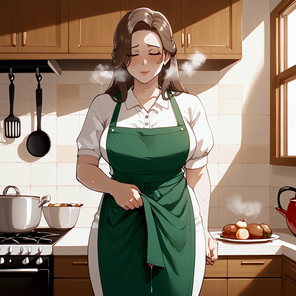 Mature woman, futa, with long hair taken, dressed only in a green apron, with a large erection that lifts her apron, sweat, steam, breath, pre-cum, kitchen, futanari.