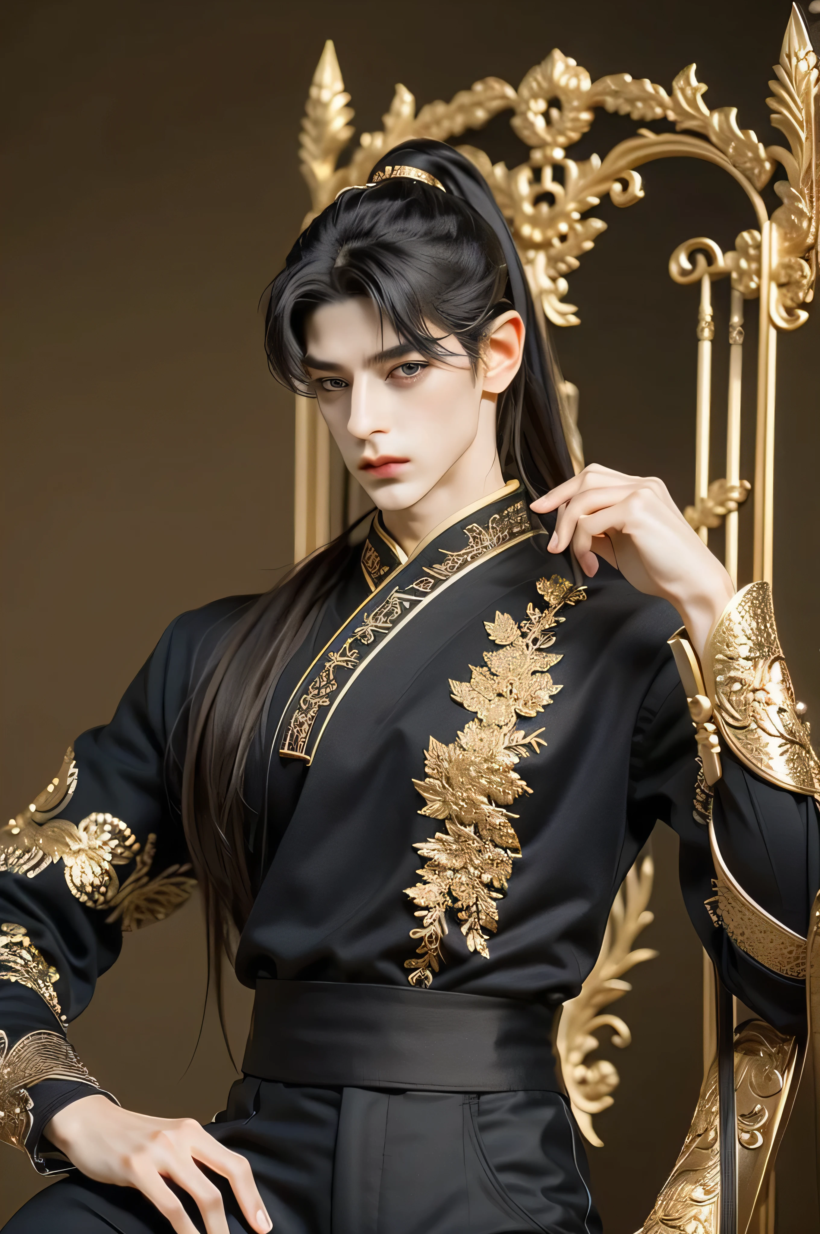 A pretty handsome, delicate, Skinny Male, black hair, high ponytail, Slender and thin body, Delicate and soft facial features, soft_light, pointy ears, wearing black Chinese vintage, Emperor's guard , ((fancy luxurious black top and black pants)), black top with gold embroidery, he's wearing long sleeves with black gauntlets