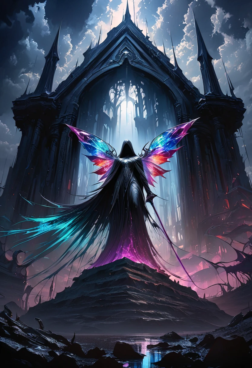 (masterpiece,  best quality: 1.2), Underground Angel,  colorful crystal wings ,moonlight, Ominous clouds, Dark fantasy illustration style , Dark Arts,   high contrast with window ,  Dark Shadows ,  atmospheric perspective , Melancholic colors,  movie composition , Volumetric Lighting, number,  Brush Strokes ,   dramatic lighting  ,  low angle,  Surrealism ,   super detailed ,  hyperrealism 