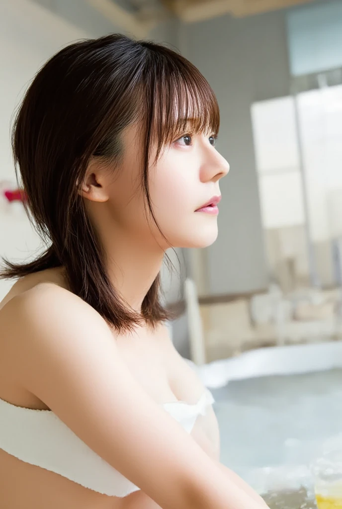    BEAUTIFUL NAKED JAPANESE WOMAN   ,    slick back hair ,    Her tiny natural breasts 、 are hidden in a tub filled with water and bubbles,  aren't in focus there    , No blur,    the light is shining in from the side   ,  she is facing off , shut up,