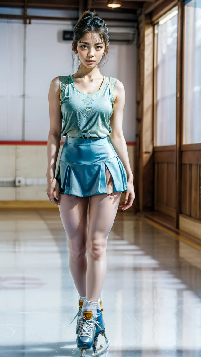 (8k, best quality:1.3), (extremely detailed:1.2), perfect anatomy, beautiful Japanese woman, 18 years old, healthy thighs, beautiful legs, beautiful skin, random hair color, random hairstyle, large breasts, (she is standing:1.2), female figure skater, figure skating outfit, (miniskirt:1.3), full body shot, skate shoes, skating rink