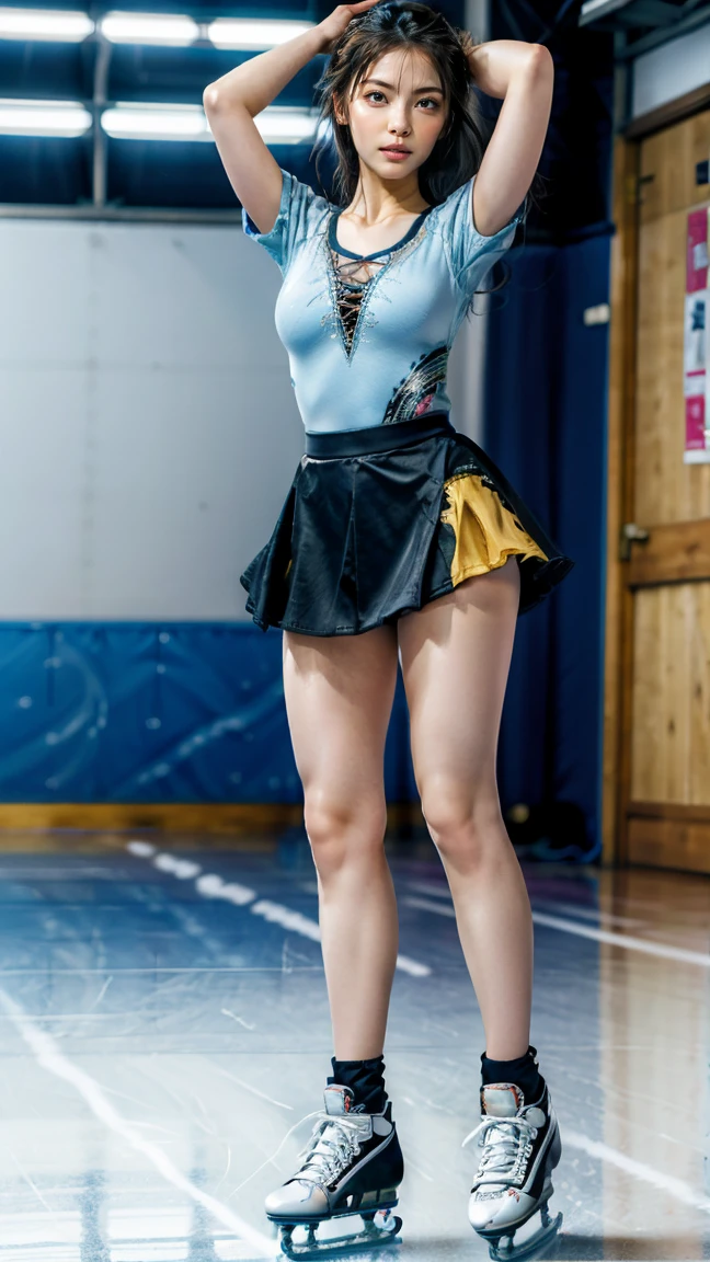 (8k, best quality:1.3), (extremely detailed:1.2), perfect anatomy, beautiful Japanese woman, 18 years old, healthy thighs, beautiful legs, beautiful skin, random hair color, random hairstyle, large breasts, (she is standing:1.2), female figure skater, figure skating outfit, (miniskirt:1.3), full body shot, skate shoes, skating rink