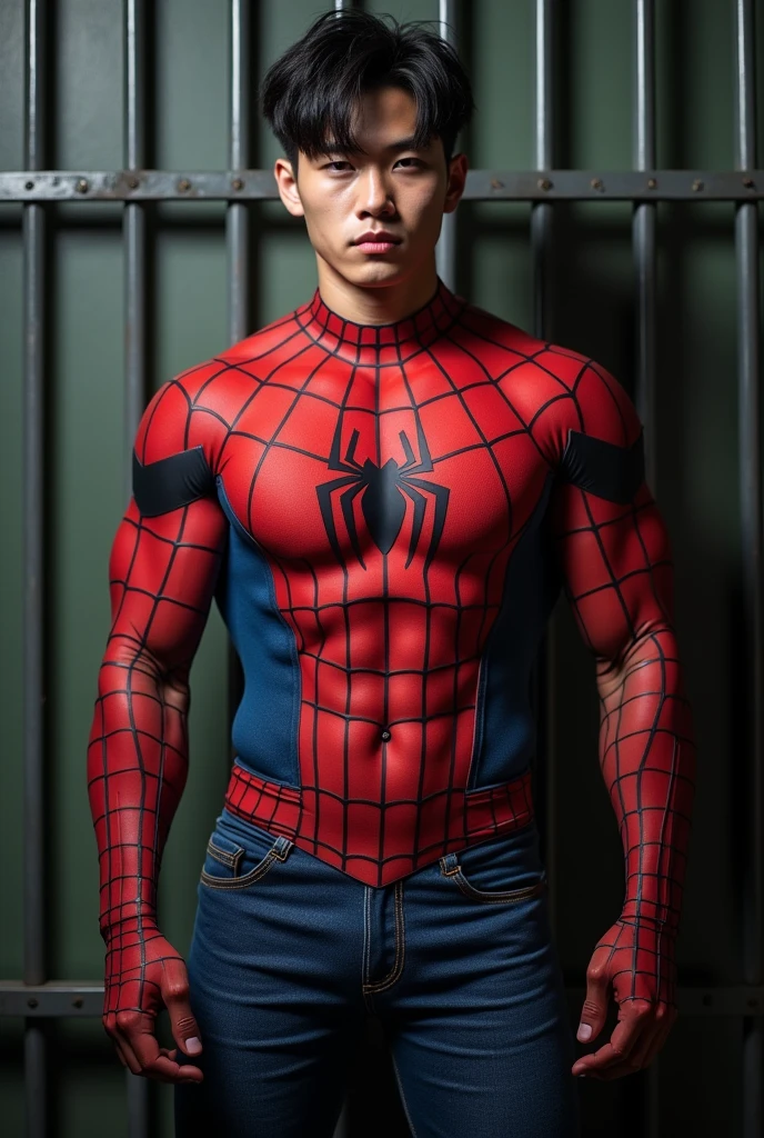 In the alluring picture is a handsome Korean man 3 with his fair and bright skin like a hero, the background is in a warehouse and bold, his charm radiates as he proudly shows off his six-pack abs and muscular arms in a fully standing pose. He is wearing sexy spider-patterned underwear and also uses spider-patterned gloves and socks, which highlight his body shape, He stands in the middle of a giant spider web of his own creation, surrounded by a large spider web behind him, Bathed in the golden light of a beautiful day. With unmatched attention to detail., This photorealistic portrait combines Superhero style., Capture every detail of his textured skin in 8k resolution. Leica digital SLR camera. His features are clearly visible., From his deep-set eagle-like eyes to his sculpted jaw., Make this image a true masterpiece.. Lift. (8K UHD、RAW Photography、Leica Digital SLR Photorealistic Portrait、Realistic image), big bulge