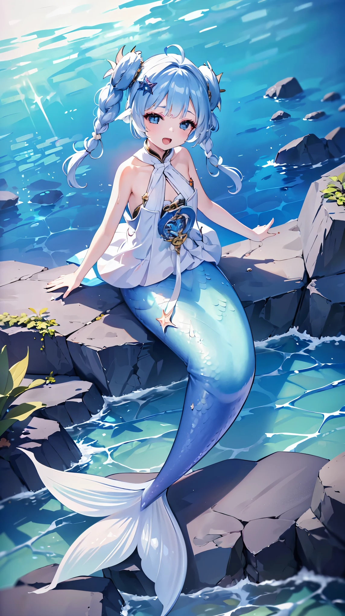 (masterpiece,  best quality),( full five fingers),  a girl  ,Hair accessories,  unique  ,Mermaid, long hair,蓝色的Mermaid尾巴, full-body photo ,  night view, Smile,(Underwater:1.2),charming face(Kawaii, charming,Soft), open mouth ,Sing,Lying on a rock reef