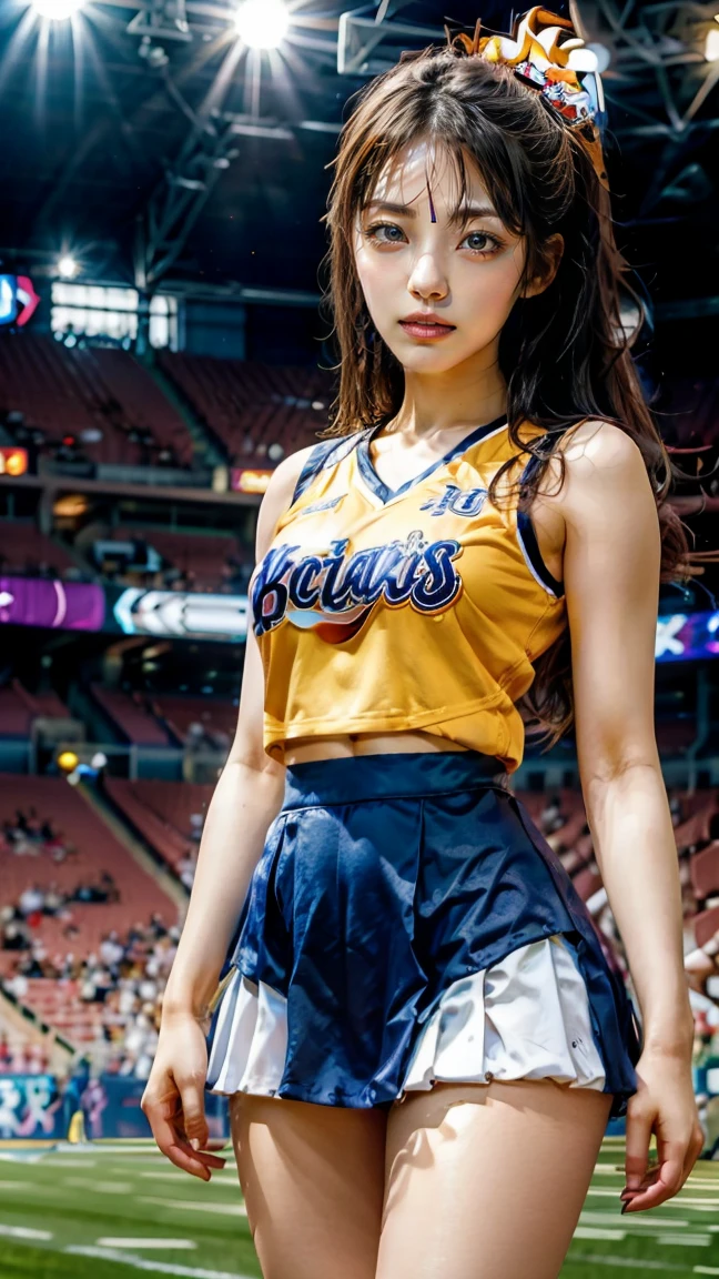 A beautiful young Japanese woman, 20 years old, with perfect anatomy, healthy thighs, beautiful feet, flawless skin, random hair color and style, large bust, (she is standing:1.2), wearing a cheerleader uniform with micro-pleated miniskirt, in a full body shot, standing in a stadium, (best quality,4k,8k, highres, masterpiece:1.3), (extremely detailed:1.2)