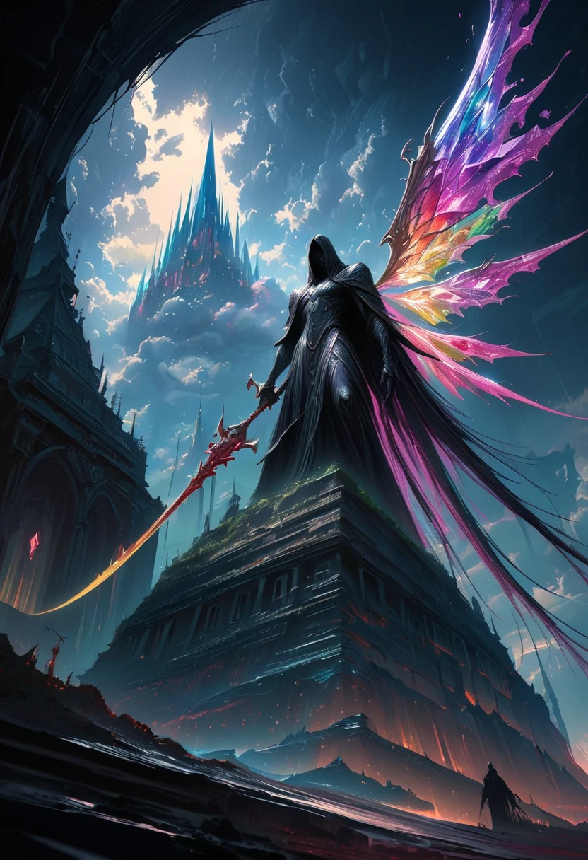 (masterpiece,  best quality: 1.2), Underground Angel, colorful giant crystal wings,moonlight, Ominous clouds, Dark fantasy illustration style , Dark Arts,   high contrast with window ,  Dark Shadows ,  atmospheric perspective , Melancholic colors,  movie composition , Volumetric Lighting, number,  Brush Strokes ,   dramatic lighting  ,  low angle,  Surrealism ,   super detailed ,  hyperrealism 