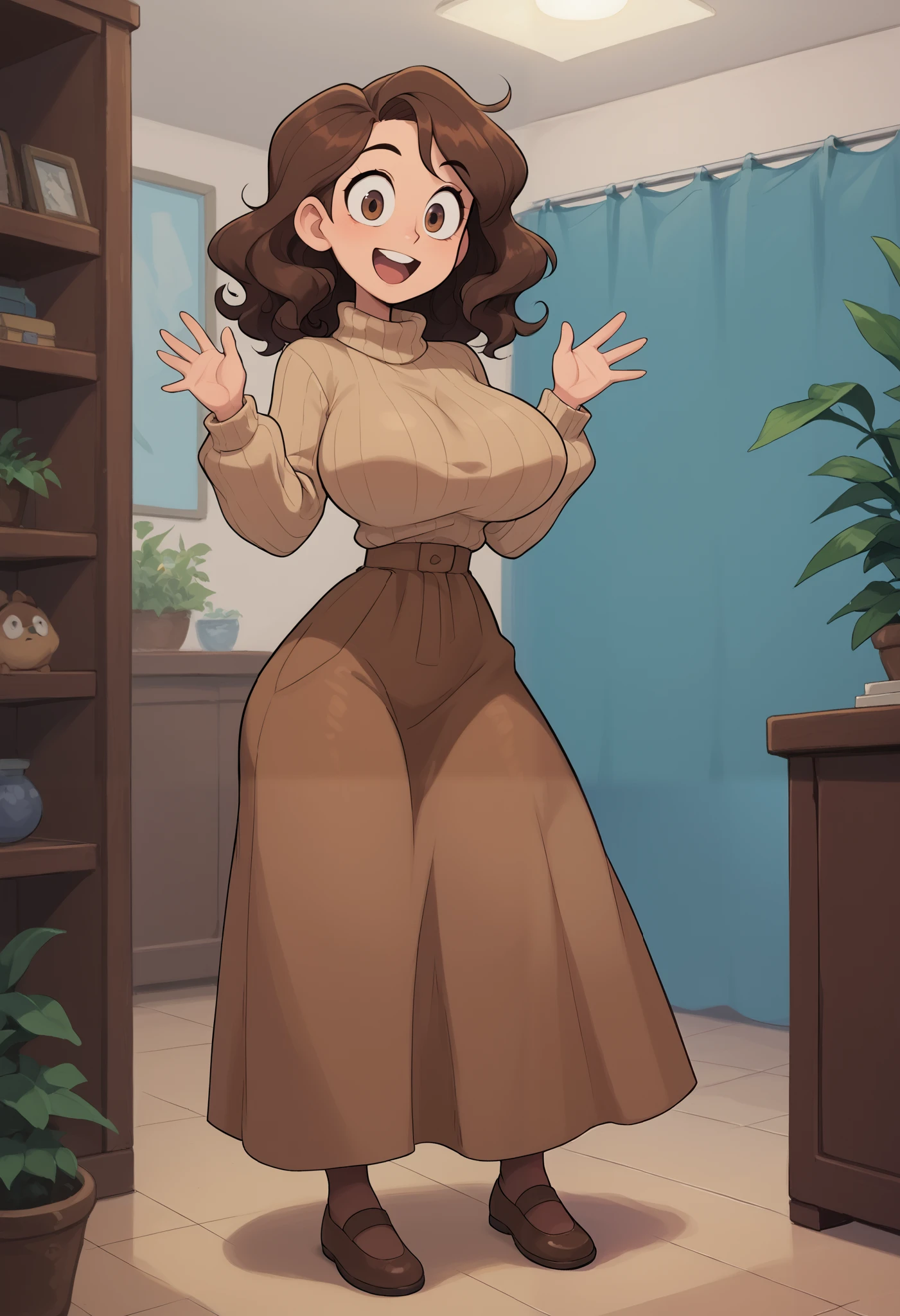 Solo, Young woman, medium length hair, brown hair, brown eyes, wavy hair, huge breasts, wide hips, (thin skinny waist) light brown sweater, dark brown skirt, loose sweater, long skirt, brown pantyhose, brown shoes, indoors, looking down at you, looking at you, wide eyed, surprised, open mouth smile
