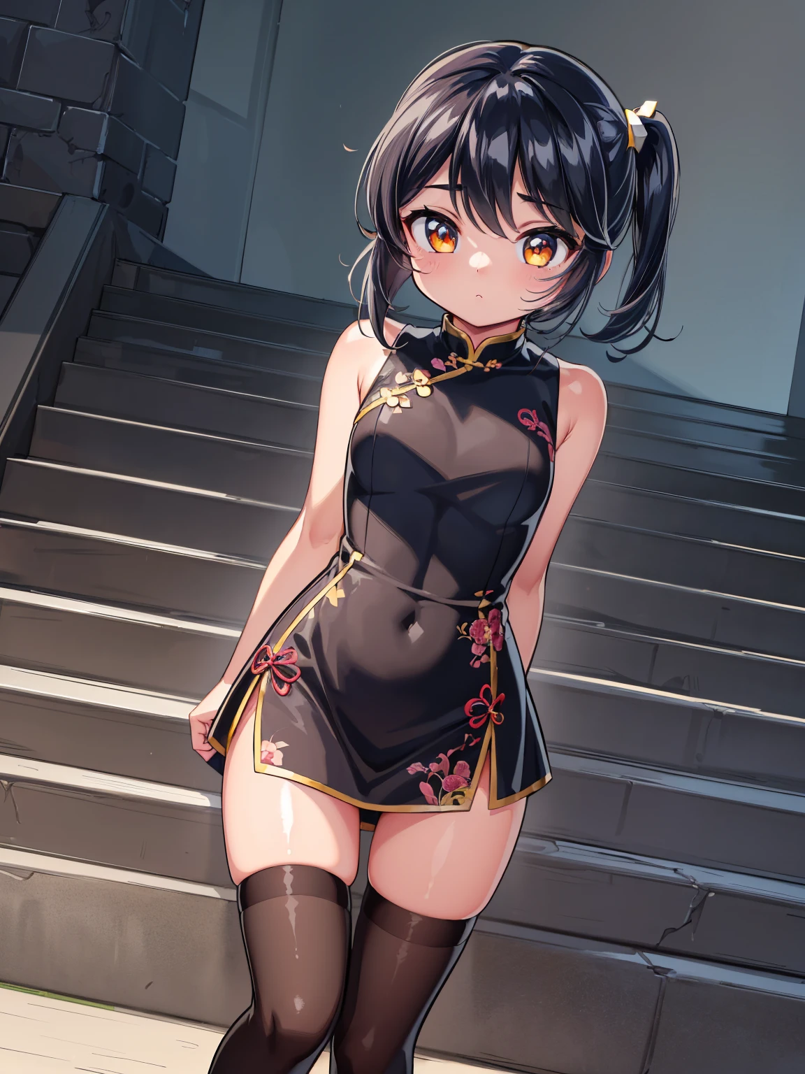 (8k、 top quality 、masterpiece:1.2)、（girl:1.0）、(china dress、thighhighs:1.0）、whole body、（vapor:0.8）、 simple background 、（stairs）、（arms behind back）