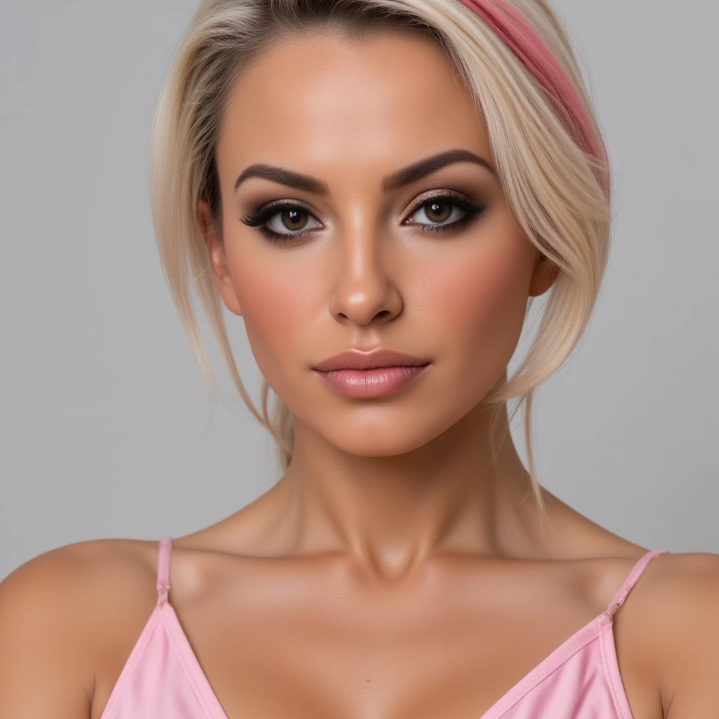 A close portrait of a woman, focusing on her eyes.  tanned, dark eyes,white With red highlights hair,, realistic, 4K, ultra detailed photography, sharp image,Full character. Silk dress with thin straps in beautiful pink. 