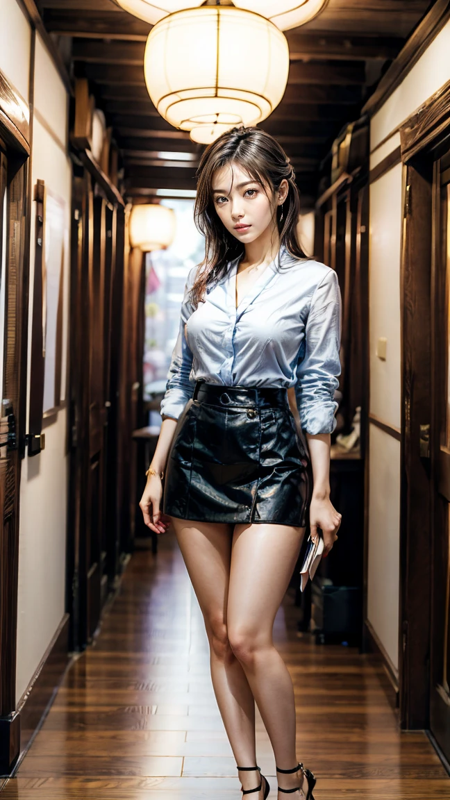 a beautiful detailed Japanese woman, 24 years old, with healthy thighs, beautiful legs, beautiful skin, random hair color and hairstyle, large breasts, female secretary, wearing a miniskirt, (she is standing:1.2), full body shot, high heels, holding a notebook in one hand, (best quality,8k, masterpiece:1.3), (extremely detailed:1.2), perfect anatomy