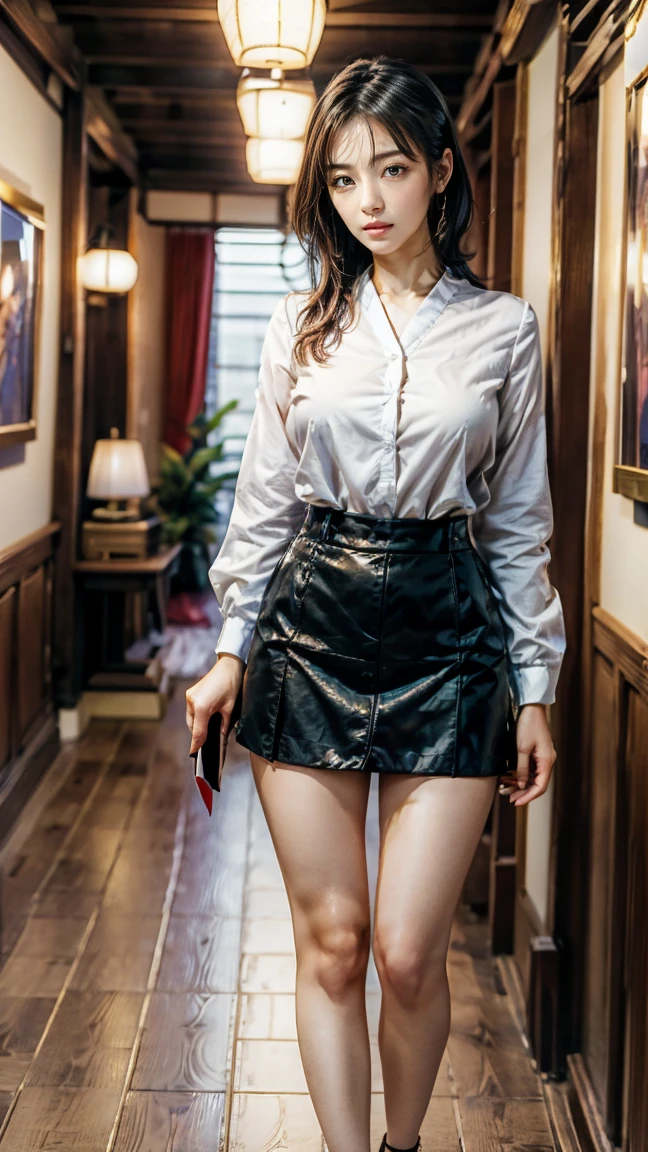 a beautiful detailed Japanese woman, 24 years old, with healthy thighs, beautiful legs, beautiful skin, random hair color and hairstyle, large breasts, female secretary, wearing a miniskirt, (she is standing:1.2), full body shot, high heels, holding a notebook in one hand, (best quality,8k, masterpiece:1.3), (extremely detailed:1.2), perfect anatomy