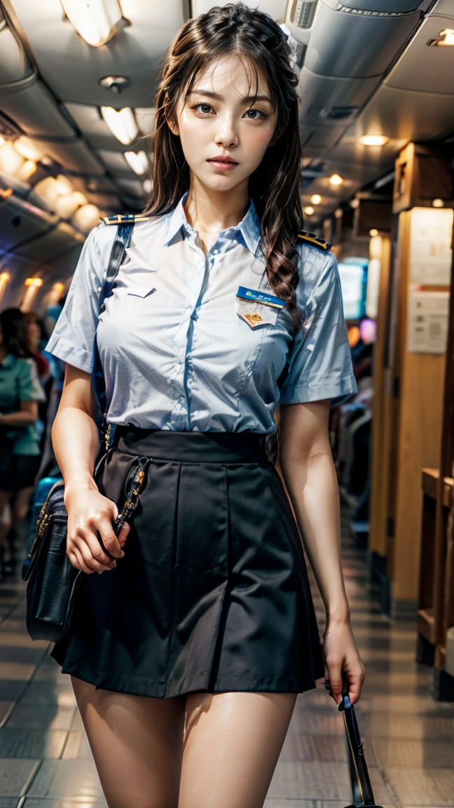 A beautiful, 24-year-old Japanese woman with perfect anatomy, healthy thighs, beautiful legs, beautiful skin, random hair color and style, large breasts, (wearing a flight attendant uniform with a mini-skirt:1.3), (she is standing:1.2), full body shot, pumps, carrying a suitcase, at the airport, (best quality,4k,8k,highres,masterpiece:1.3),(extremely detailed:1.2),realistic,photorealistic,photo-realistic:1.37,professional,vivid colors, studio lighting