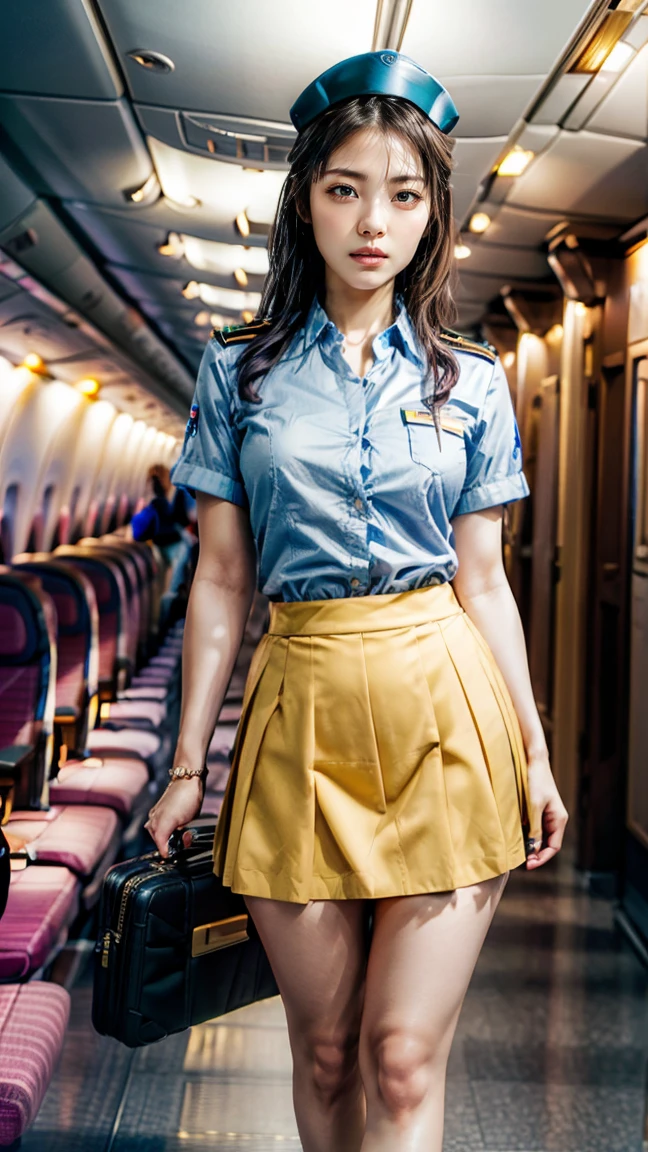 A beautiful, 24-year-old Japanese woman with perfect anatomy, healthy thighs, beautiful legs, beautiful skin, random hair color and style, large breasts, (wearing a flight attendant uniform with a mini-skirt:1.3), (she is standing:1.2), full body shot, pumps, carrying a suitcase, at the airport, (best quality,4k,8k,highres,masterpiece:1.3),(extremely detailed:1.2),realistic,photorealistic,photo-realistic:1.37,professional,vivid colors, studio lighting