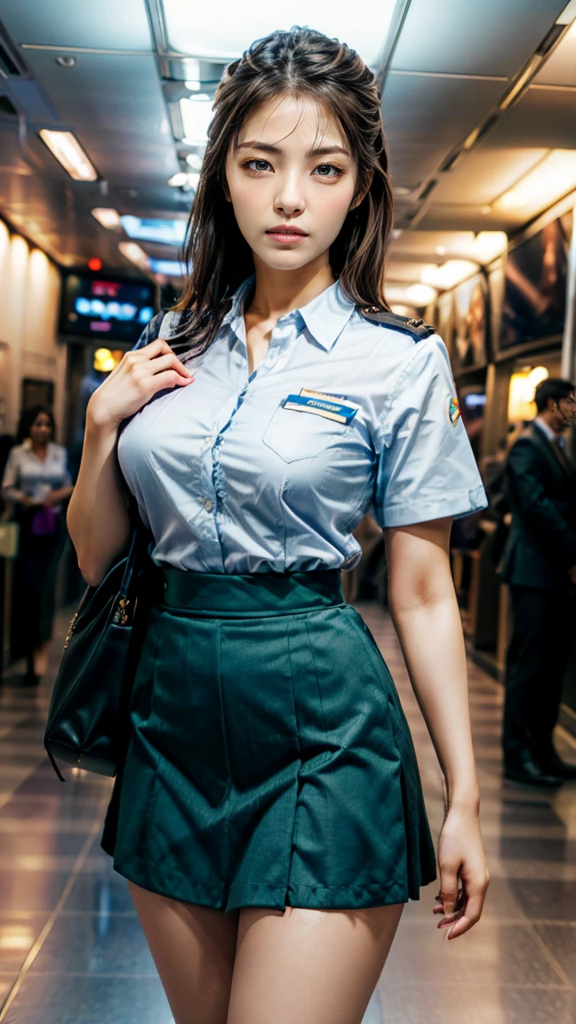 A beautiful, 24-year-old Japanese woman with perfect anatomy, healthy thighs, beautiful legs, beautiful skin, random hair color and style, large breasts, (wearing a flight attendant uniform with a mini-skirt:1.3), (she is standing:1.2), full body shot, pumps, carrying a suitcase, at the airport, (best quality,4k,8k,highres,masterpiece:1.3),(extremely detailed:1.2),realistic,photorealistic,photo-realistic:1.37,professional,vivid colors, studio lighting