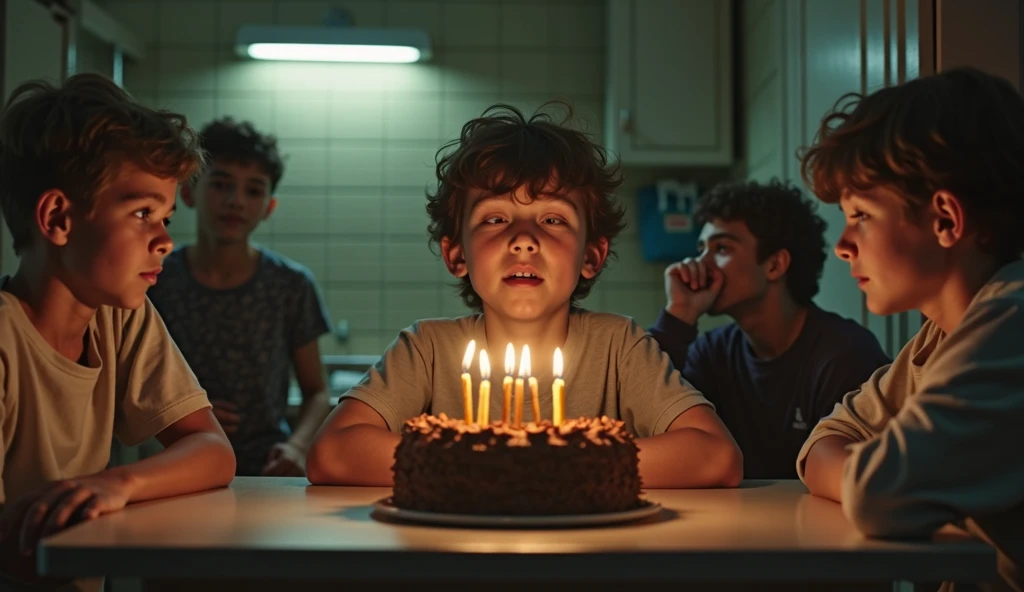 A little 8 year old Pixar boy is in front of a birthday cake with his brother, he is thinking while holding his manton 