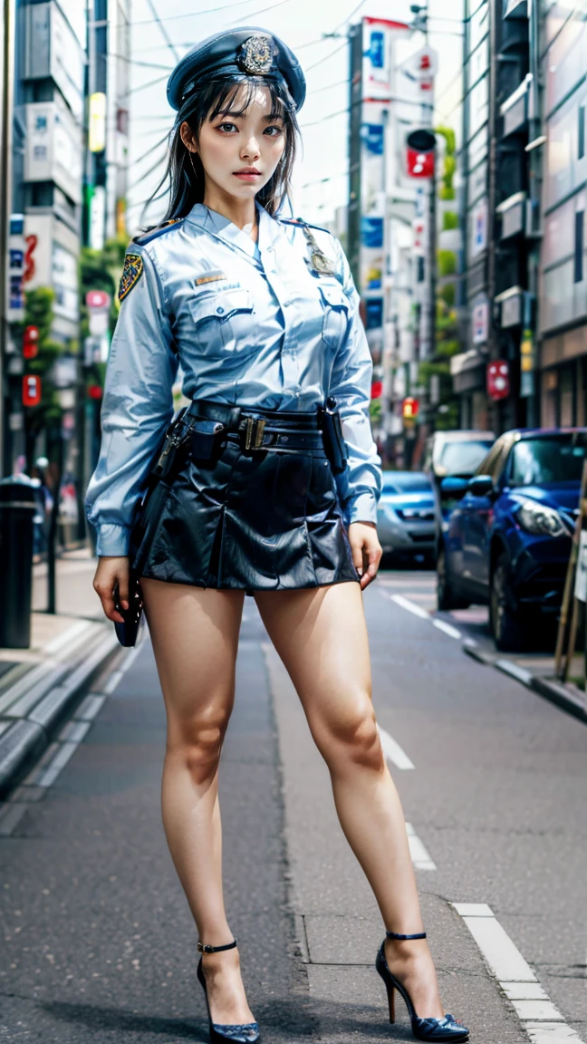 beautiful Japanese woman, 22 years old, perfect anatomy, healthy thighs, beautiful legs, beautiful skin, random hair color, random hairstyle, large breasts, female police officer, (Japanese police uniform:1.3), (miniskirt:1.3), (she is standing:1.2), full body shot, high heels, city street, (best quality, 4k, 8k, highres, masterpiece:1.3), (extremely detailed:1.2)