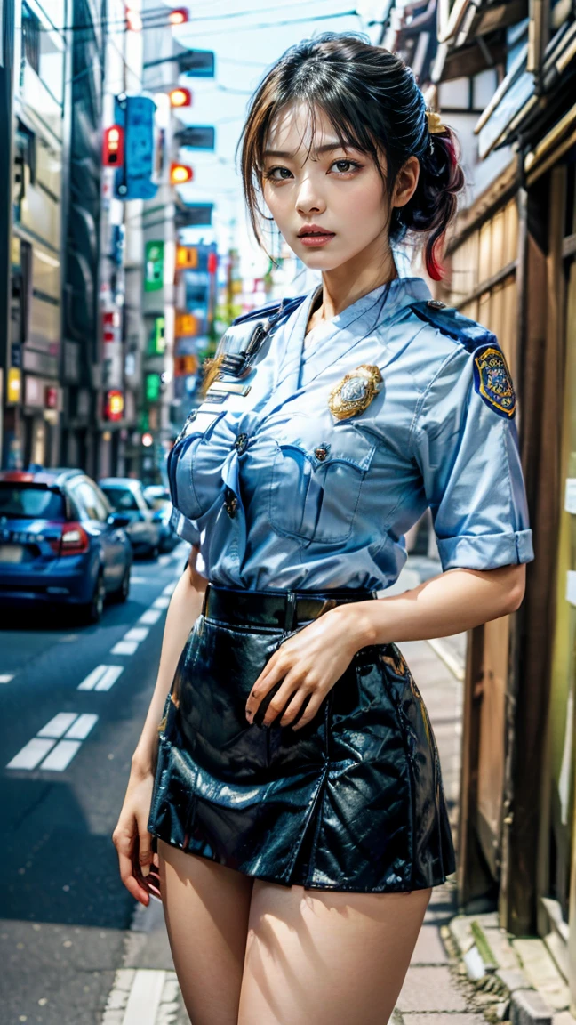 beautiful Japanese woman, 22 years old, perfect anatomy, healthy thighs, beautiful legs, beautiful skin, random hair color, random hairstyle, large breasts, female police officer, (Japanese police uniform:1.3), (miniskirt:1.3), (she is standing:1.2), full body shot, high heels, city street, (best quality, 4k, 8k, highres, masterpiece:1.3), (extremely detailed:1.2)