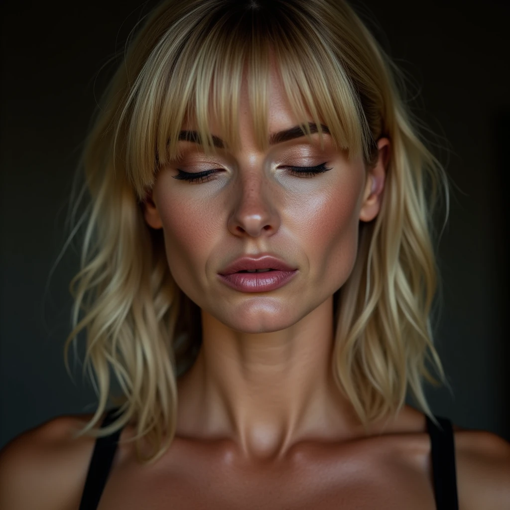 endured face, eyes closed, photographic, Front view, New face make for feel model, neck from face upper only, American White beautiful woman, Rebecca , (blond middle hair, fringe nose tall, small lip), (textured skin , HI detailed skin, super realism , masterpiece, Hi detail, skin)