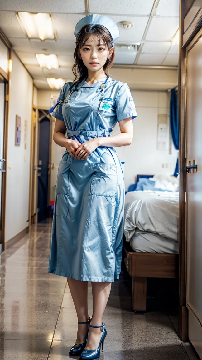 a beautiful young 24-year-old Japanese woman, beautiful, detailed anatomy, beautiful skin, random hair color and hairstyle, big breasts, nurse hat, (nurse uniform:1.3), nurse cap, (she is standing:1.2), full body shot, high heels, hospital, (best quality,8k, masterpiece:1.3), (extremely detailed:1.2)