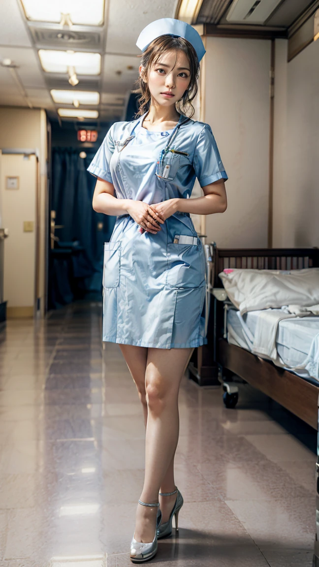 a beautiful young 24-year-old Japanese woman, beautiful, detailed anatomy, beautiful skin, random hair color and hairstyle, big breasts, nurse hat, (nurse uniform:1.3), nurse cap, (she is standing:1.2), full body shot, high heels, hospital, (best quality,8k, masterpiece:1.3), (extremely detailed:1.2)