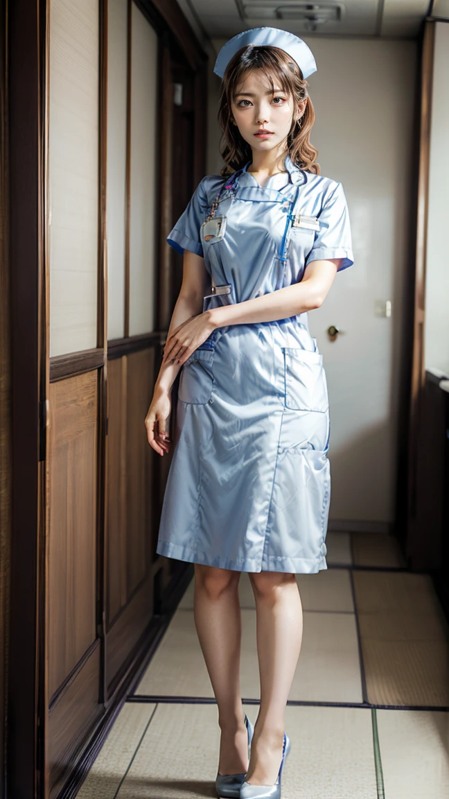 a beautiful young 24-year-old Japanese woman, beautiful, detailed anatomy, beautiful skin, random hair color and hairstyle, big breasts, nurse hat, (nurse uniform:1.3), nurse cap, (she is standing:1.2), full body shot, high heels, hospital, (best quality,8k, masterpiece:1.3), (extremely detailed:1.2)