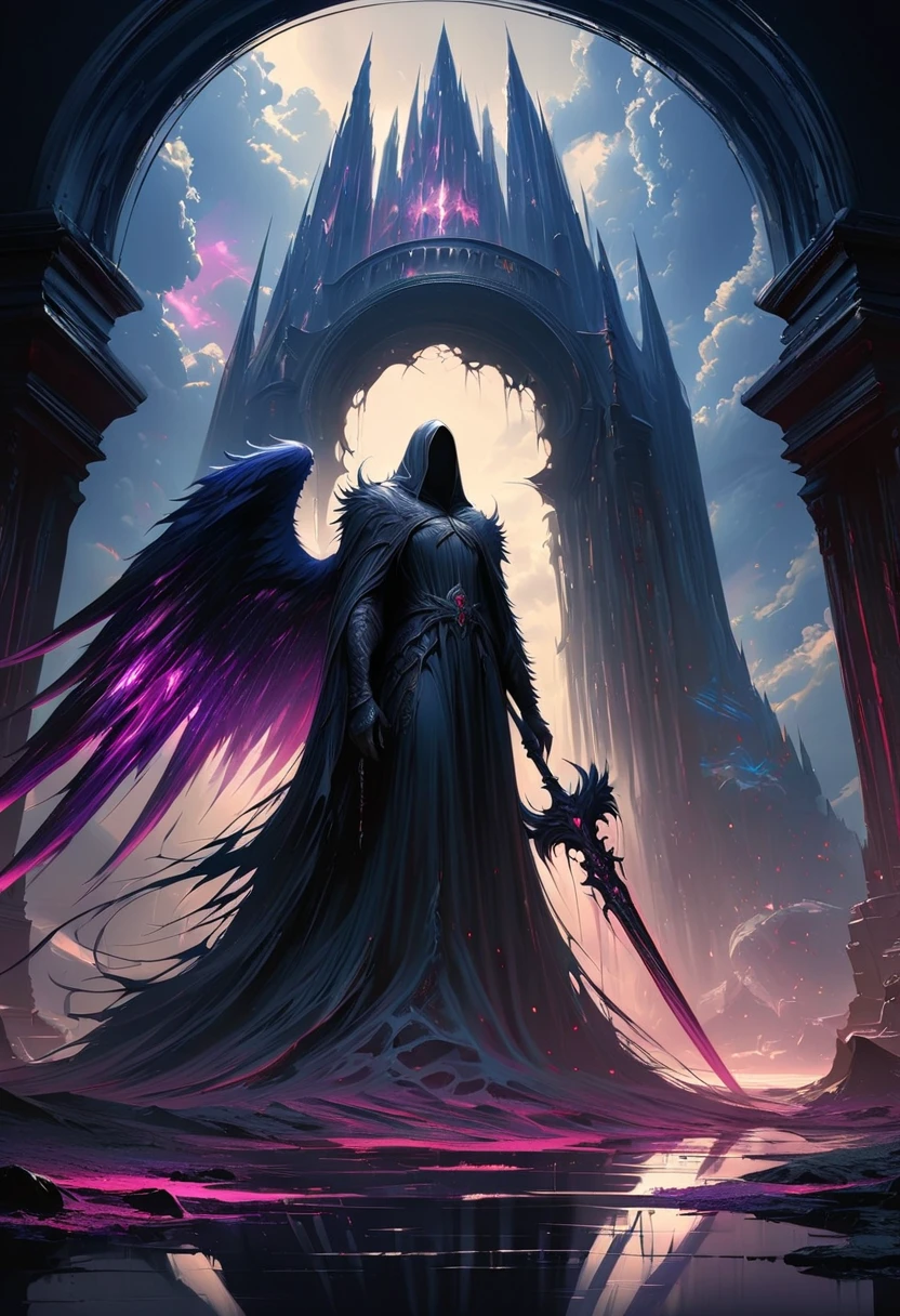 (masterpiece,  best quality: 1.2), Dark Angel, colorful giant crystal wings,moonlight, Ominous clouds,  dark fantasy illustration style , Dark Arts,   high contrast with a window ,  Dark Shadows ,  atmospheric perspective , Melancholic colors,  movie composition , Volumetric Lighting, number,  Brush Strokes ,   dramatic lighting  ,  low angle,  Surrealism ,   super detailed ,  hyperrealism 