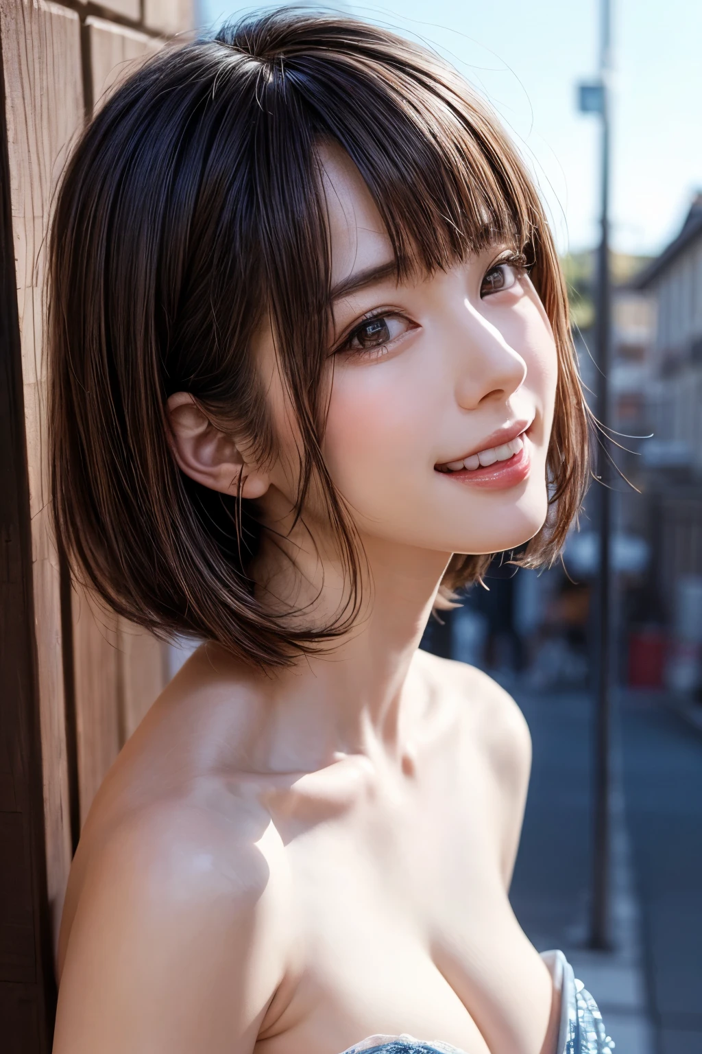 (highest quality,8K quality,masterpiece:1.3,),(超A high resolution:1.3,Photorealistic:1.4,Raw photo:1.2),(Ultra-detailed:1.2,Glowing Skin,Detailed skin:1.1),(Detailed face,Perfect Anatomy,Caustics:1.2), (Symmetrical eyes:1.3),1 girl,cute,Japanese,22 years old,Japanese Ido,Natural brown hair,Short hair curled outwards,cute目,Natural Makeup,Laughter,Looking at the camera,On the face,Face Focus,Street Corner,Professional Writing,Natural soft light,Completely naked,NSFW,Completely naked