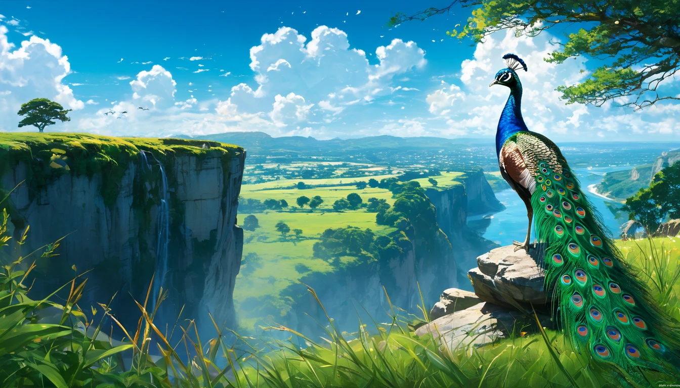 a peacock sitting under a tree near a cliff in a meadow , seeing a vast blue sky with fluffy clouds and brush strokes , tall grasses stones, , makoto shinkai cyril rolando, anime art wallpaper 4k, anime art wallpaper 4k, animated background, anime art wallpaper 8K, animated background art, Anime Landscape Wallpaper, amazing wallpaper, HD wallpaper, 4k anime wallpaper, 4k anime wallpaper, Aries Moross art,art by Bob Byerley , AshleyWoodArtAI, greg rutkowski(far angle view)(brokeh effects)