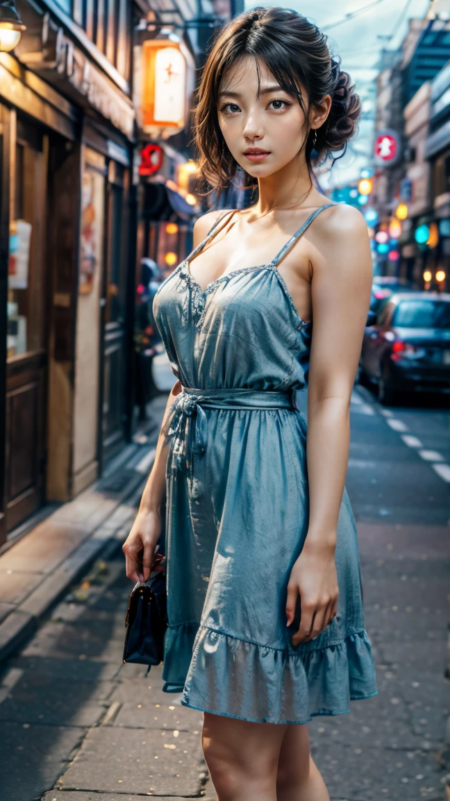 a beautiful young Japanese woman, 24 years old, with healthy thighs, beautiful legs, flawless skin, random hair color and hairstyle, large breasts, a hostess wearing a hostess dress, high heels, (she is standing:1.2), full body shot, holding a purse in one hand, on a busy city street at night, (best quality,4k,8k,highres,masterpiece:1.3),(extremely detailed:1.2),detailed anatomy,photorealistic,vibrant colors, dramatic lighting