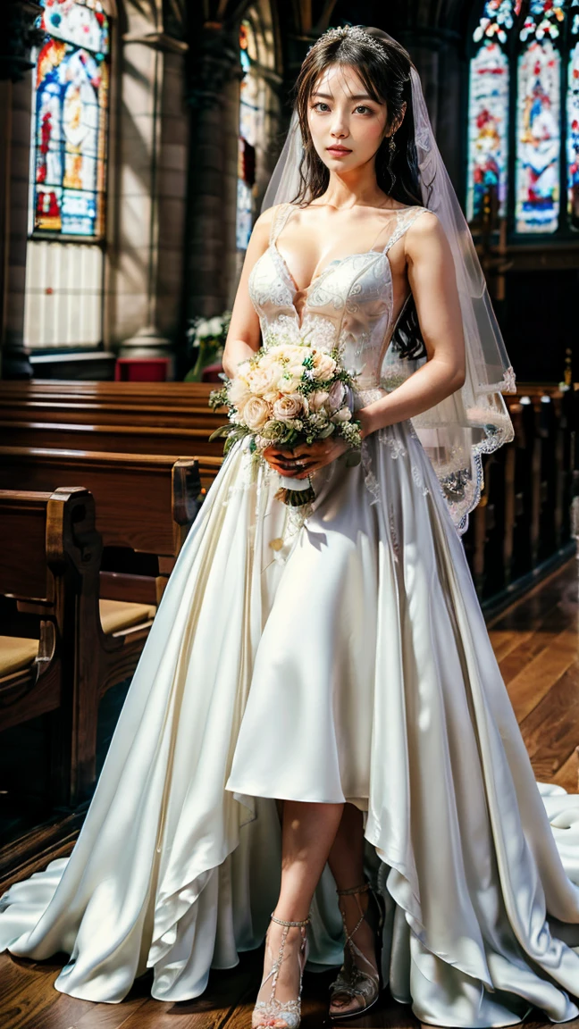 A beautiful young Japanese woman, 26 years old, with healthy thighs, beautiful legs, flawless skin, random hair color and style, large breasts, wearing a (wedding dress:1.3), (she is standing:1.2), full body shot, high heels, holding a bouquet in her hands, in a church setting, (best quality,8k, masterpiece:1.3), (extremely detailed:1.2), perfect anatomy