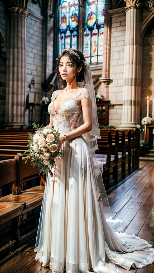 A beautiful young Japanese woman, 26 years old, with healthy thighs, beautiful legs, flawless skin, random hair color and style, large breasts, wearing a (wedding dress:1.3), (she is standing:1.2), full body shot, high heels, holding a bouquet in her hands, in a church setting, (best quality,8k, masterpiece:1.3), (extremely detailed:1.2), perfect anatomy