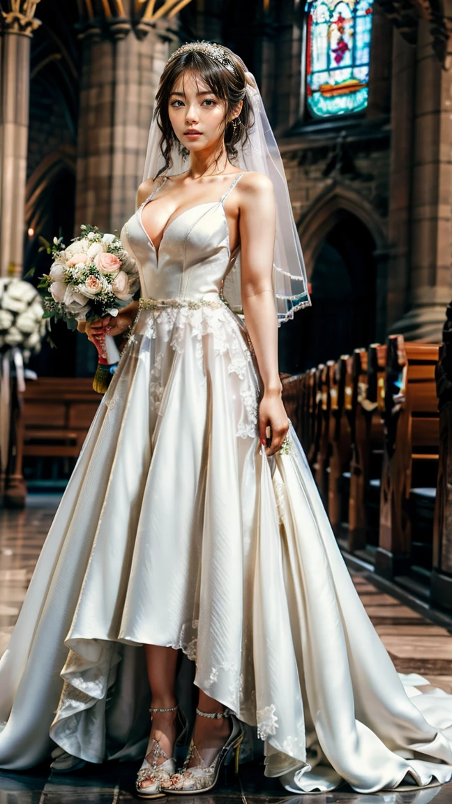 A beautiful young Japanese woman, 26 years old, with healthy thighs, beautiful legs, flawless skin, random hair color and style, large breasts, wearing a (wedding dress:1.3), (she is standing:1.2), full body shot, high heels, holding a bouquet in her hands, in a church setting, (best quality,8k, masterpiece:1.3), (extremely detailed:1.2), perfect anatomy