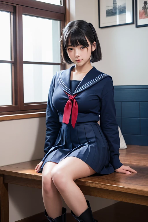 8K drive rendering, 16 years old, , pores, Detailed and intricate iris, very very dark lighting, heavy shadow, detailed face,、 realistic style、Big breasts that are about to burst、sweaty、profuse sweating、sweating profusely、realistic skin texture、wet skin、Whitening、oily and shiny skin、born々nice atmosphere、Moist eyes、confused look、very realistic texture、obscene、Japanese room with dark lighting、very dark Japanese room、sleeping on his back on a disheveled futon、thighs、black hair、bob cut、A long-sleeved, navy blue sailor suit designated by Japanese schools.、Dark blue skirt、Pure white panties made of cotton material、Panty shot、Cute loli face、squatting with knees raised、legs open、barefoot、M-shaped legs spread、white garter stockings