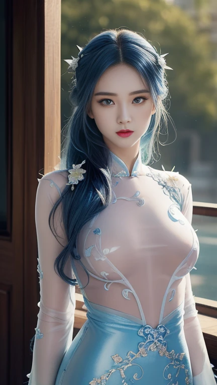 (hyper-realistic), (illustration), (high resolution), (8k), (Very detailed), (最佳illustration), (Beautiful and delicate eyes), (best quality), (Super detailed), (masterpiece), (wallpaper), (lifelike), (Natural light), (edge lit), (Detailed face), (高度细致lifelike皮肤纹理), (anatomically correct), (alone), (1 girl), (高细节lifelike头发), (blue hair:1.2), spiky hair, (heterochromatic eyes), (Detailed green eyes), (There is a small mole under the eye), (realistic:1.5), (Naked of breast:1.3), (long legs), (slim abs), (dynamic poses), (Keep your mouth shut:1.3), (Traditional Hanfu), (transparent clothes:1.5), national foundation,Show breasts,Show breasts,exposing her chest,huge ,huge breasts,exposing her chest,huge breasts,