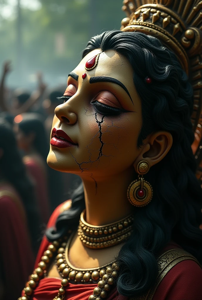 Make a portrait of mysterious Indian queen with wearing lots of jewellery crying in lord shiva temple covering in blood