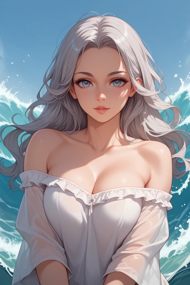 (Masterpiece:1.2, high quality), (pixiv:1.4), (1girl:1.2), (solo:1.2), (smooth:0.8), beautiful woman, (mature), pale white skin, red cheek, blush, (smile:1.2), silver hair, side fringes, bangs, wavy hair, (strand braids), hair clips, hair over eyes, black eyes, (detailed eyes), symmetrical eyes, black eyeshadow, glossy lips, pale pink lips, parted lips, symmetric face, round earrings, (looking away), mole on chin, shoulder straps, plunging neckline, pendant, (blue dress), luxurious dress, slit dress, collarbone, neckline, luxurious, slender arms, (beautiful round breasts:1.2), detailed cleavage, slim waist, professional photography, dynamic pose, bent forward, best quality, (absurdres:1.2), ultra-detailed, HD, 1080, 4k, 8k, intrinsic details, shiny blue sky, aesthetic outdoors, sky background, sea side, bridge, view from below, (pov thighs), wind blowing hair, vivid colors, dynamic lighting, ((detailed face)), blurry background, highly focused face