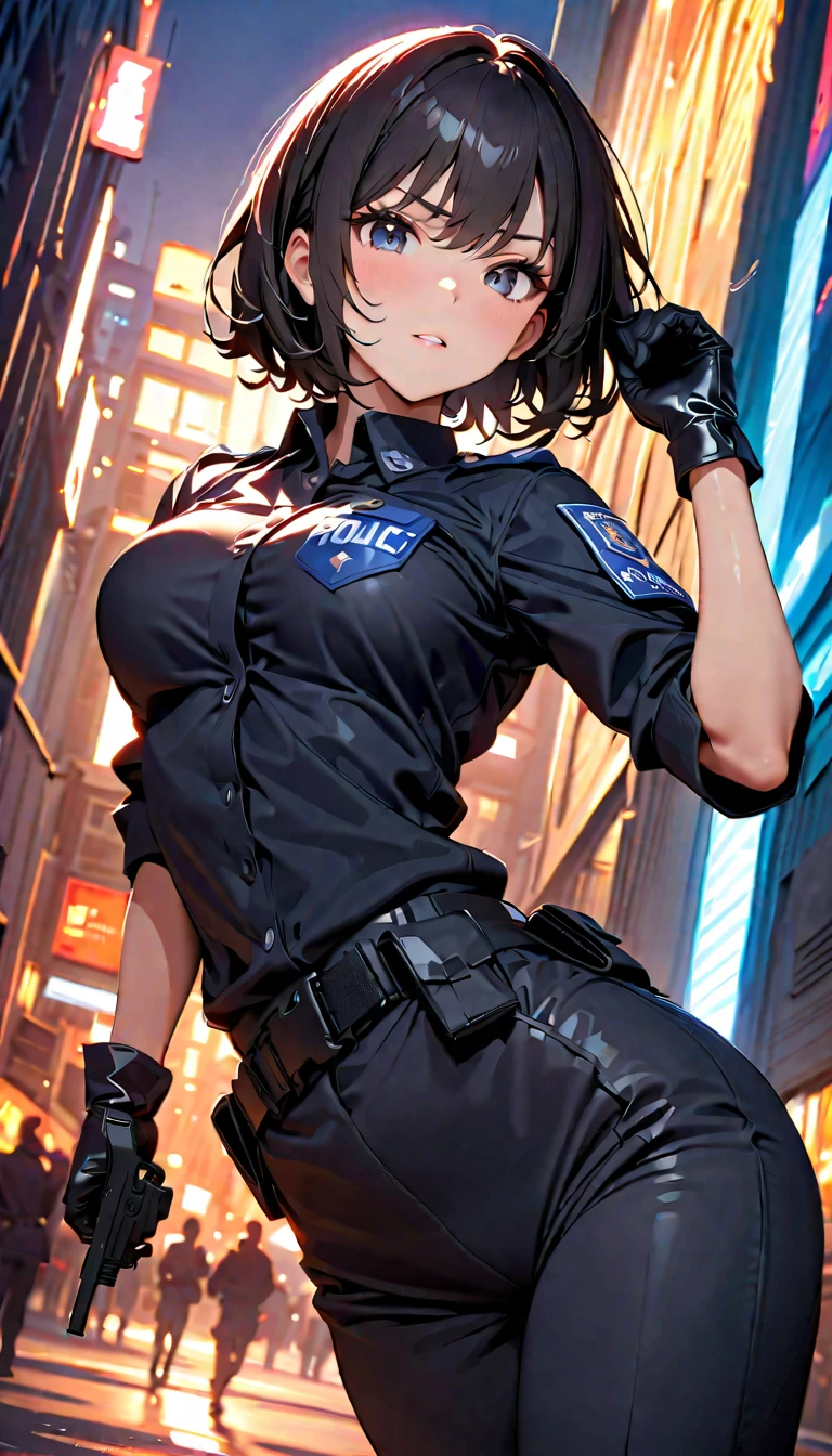 (masterpiece), (best quality), (high res),1girl, tall body, ((short hair, bob hair, jet black hair)), (hazel eyes) beautiful detailed eyes, beautiful detailed face, cute face, perfect hands, complete fingers, perfect anatomy, perfect proportions, ((hat, black police hat)), ((leotard, matching leotard, bare legs)), ((boots, matching boots)), breasts, medium breasts, fingerless gloves, (full body portrait), looking at viewer, solo, solo focus, police uniform, cowboy shot, (belt, tight belt), (armbands, white sleeves), serious, crossed arms, full body costume design. ahoge, she spins at an incredible speed, creating a whirlwind of air around her.